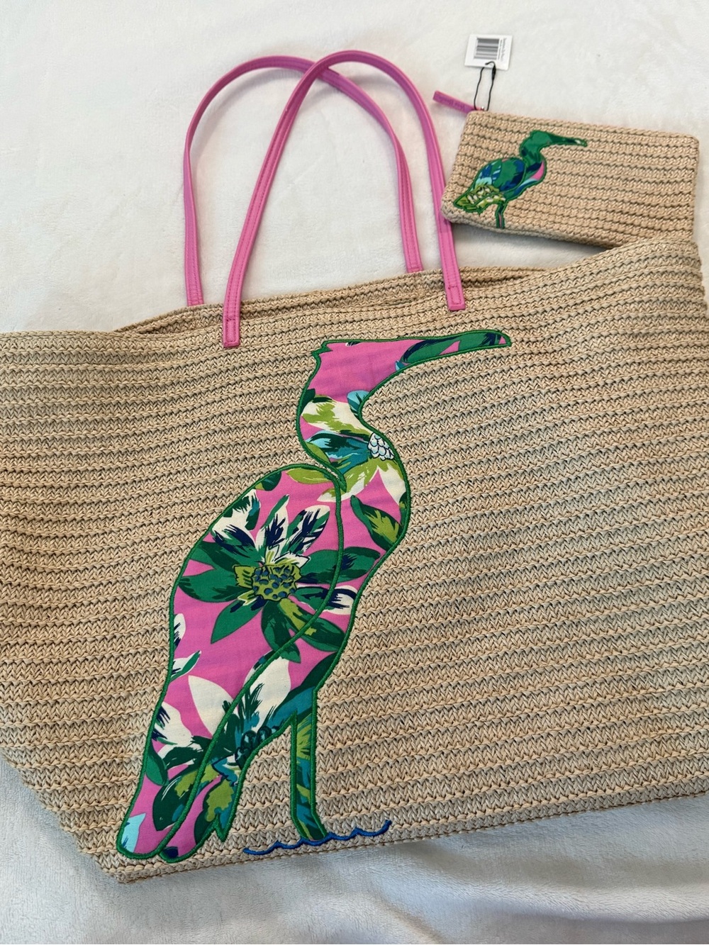 Vera Bradley Seashore Tote Straw Beach Bag Floral Egret Tropical &Matching Pouch